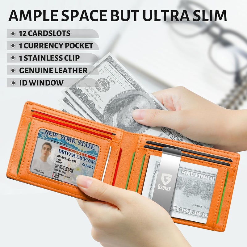 GSOIAX Mens Slim Wallet for Men Minimalist Genuine Leather Carbon Fiber Rfid Blocking Bifold Credit Card Holder With Gift Box (Carbon and Orange -money clip) - Image 3